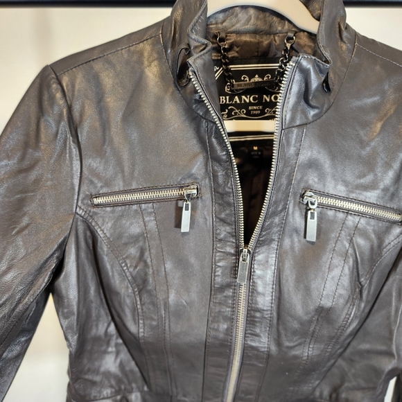 Blanc Nior Black Leather Ruffle Trim Jacket Sz Medium - Picture 2 of 11